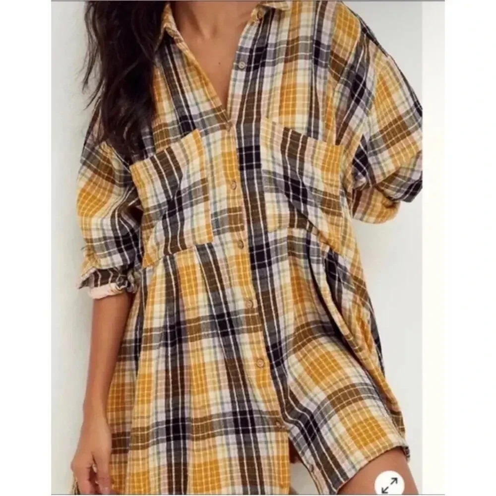Free People Grunge The Voyage Yellow Plaid Long Sleeve Button Up Shirt Dress XS‎